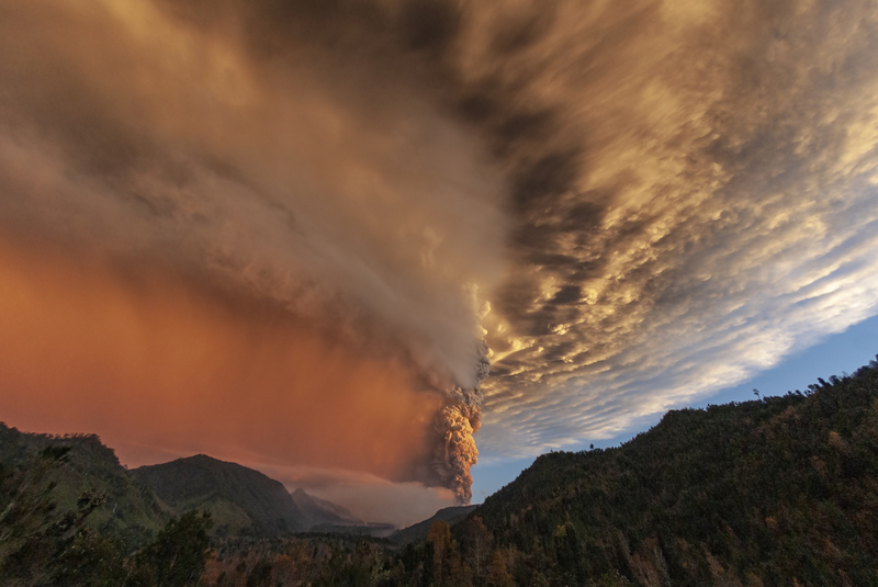 view of the smoke coming from the puyehue volcano located in Chile