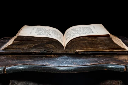 Stara, otwarta księga leżąca na ciemnym, drewnianym pulpicie na czarnym tle.