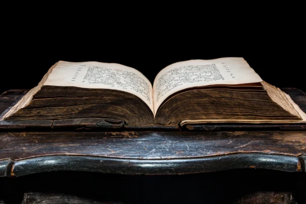 Stara, otwarta księga leżąca na ciemnym, drewnianym pulpicie na czarnym tle.