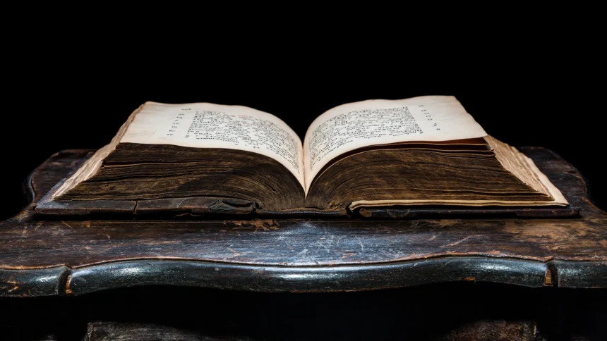 Stara, otwarta księga leżąca na ciemnym, drewnianym pulpicie na czarnym tle.